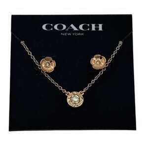COACH Logo Pendant Necklace & Rose Flower Stud Earring Set - Rose Gold